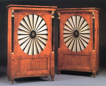 Work:&nbsp;19th Century AUSTRIAN Pair of Biedermeier Gilt-Metal-Mounted Black Walnut, Ebonized and Parcel Gilt Cabinets